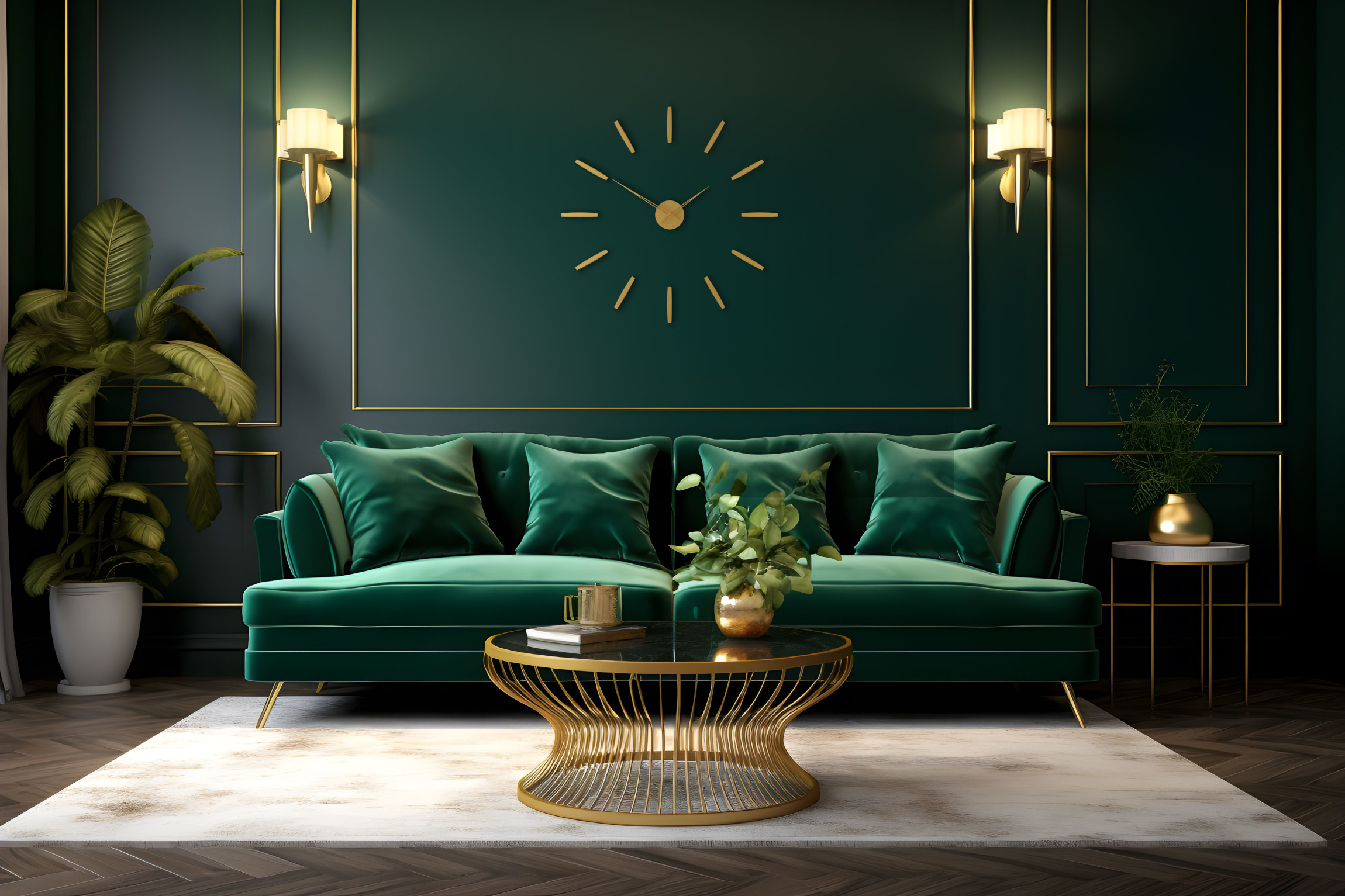 Gold wall clock set on emerald green wall